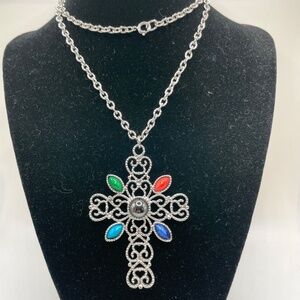 Avon Vintage Filigree Cross Necklace Silver Tone Colorful Stones